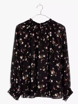 Madewell XL Black Floral Smocked Mock Neck Long Sleeve Blouse Romantic thumbnail 5