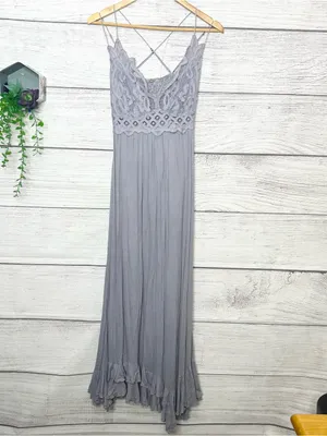Free People Adella Crochet Lace Maxi Slip Dress in Light Gray Size Medium thumbnail 13