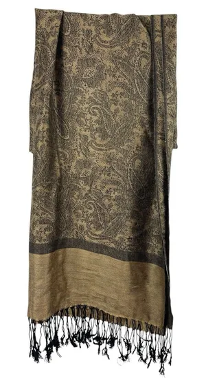 Pashmina Silk Blend Shawl Wrap Scarf Tan Black Paisley Jacquard Fringe Elegant thumbnail 1