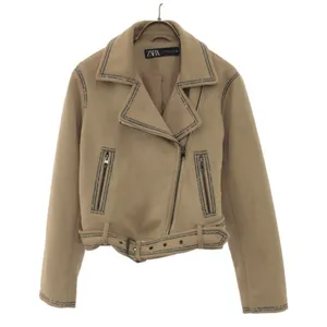 Zara cropped moto jacket coat rhinestones trim beige faux suede M thumbnail 1