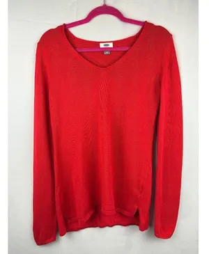 Old Navy Red V-Neck Long Sleeve Sweater Medium Womens Knit Pullover thumbnail 2
