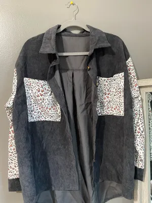 SHEIN grey corduroy button up shirt with leopard print sleeves thumbnail 1