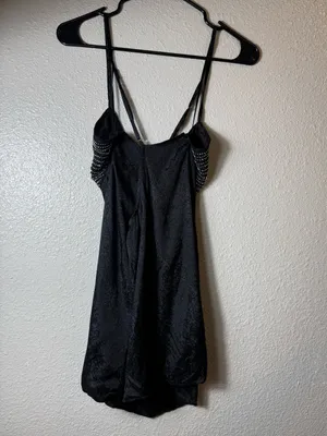 Free People Dress People Beaded Slip Mini Dress Black‎ Open Back Jacquard Size L thumbnail 7
