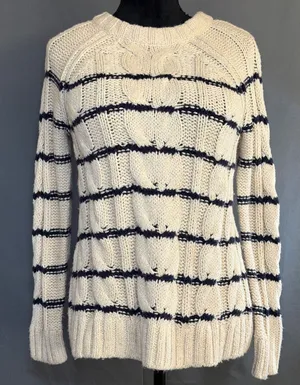 J. Jill Cream & Navy Striped Crew Pullover Preppy Cable Knit Raglan Sweater XS thumbnail 1