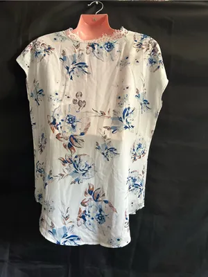 SHEIN Floral Lace-Trim V-Neck Blouse in White & Blue LG thumbnail 2