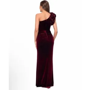 Xscape Burgundy Wine Ruffle One-Shoulder Velvet Gown Size 8 $258 NEW thumbnail 2