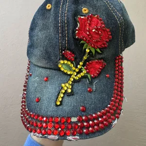 Grunge Y2K Bedazzled Distressed Denim Baseball Cap Blue thumbnail 3