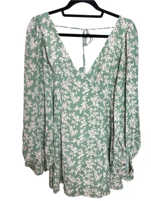Fortunate One Garden Chic Mini Dress Green & White Floral. Voluminous Sleeves thumbnail 1