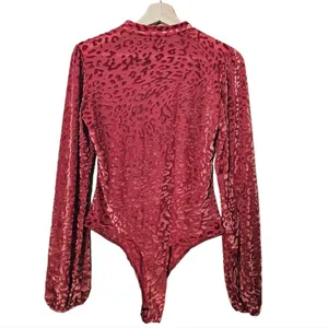 Lulu's -1722 Born To Be Wild Rust Red Leopard Print Velvet‎ Mesh Bodysuit Medium thumbnail 3
