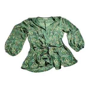 Max Studio Green Paisley Tie Front Peplum Blouse Size Small | Smocked Back V-Nec thumbnail 9