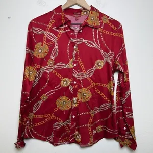 Talbots Women‎ Button Front Top Equestrian Large Red Chain Western Boho thumbnail 1