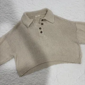 Harper Heritage cream knit polo henley cropped sweater thumbnail 2