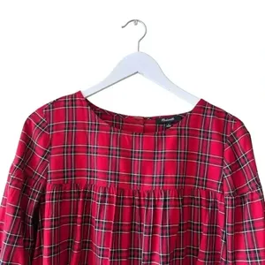 Madewell Red Plaid Clandon Viscose Tiered Button Back Baby Doll Top SZ S #2328 thumbnail 4