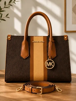 Michael Kors Signature Stripe Satchel Brown Gold Charm NWT thumbnail 2