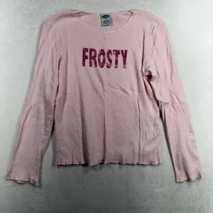 Y2K Vintage Old Navy Size M Long Sleeve Pink Frosty Ribbed Graphic Top 427411 thumbnail 3