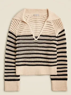 J. Crew Crochet Sailor Collar Open Knit Neutral Stripe Pullover Sweater Cotton M thumbnail 3