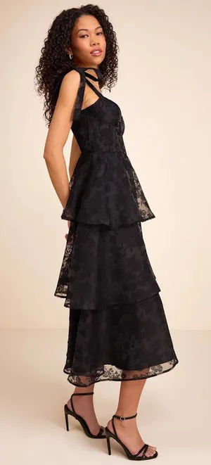 Lulus Black Burnout Jacquard Tie Strap Bustier Midi Dress Large New NWT thumbnail 1