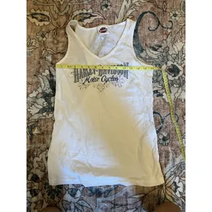 Harley Davidson White Tank Rhinestone Front Blue Trim Women's Small Schaefers PA thumbnail 2