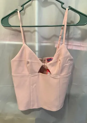 Edikted Pink Spaghetti Strap Crop Top with Front Cutout and Back Zipper, Size M thumbnail 1