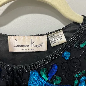 VTG Laurence Kazar SEQUIN Beaded EVENING SILK‎ JACKET Women's S Blue Black. thumbnail 4