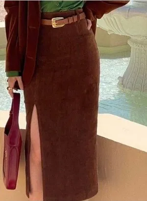 Corduroy Midi Skirt Women Small Brown New High Waist Front‎ Slit with Belt xxs thumbnail 1