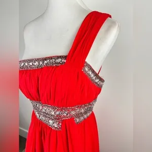 FabuLuxe Couture Red One-Shoulder Beaded Evening Gown Size Large Hand Beaded thumbnail 11
