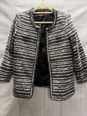 Alice + Olivia Luci Black Gray White Silver Metallic Tweed Jacket Blazer Large thumbnail 3