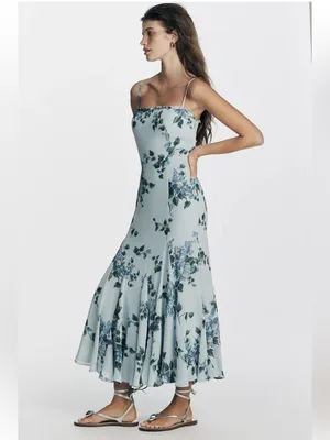 Reformation Lilibet ruffle hem midi dress in blue floral Fresh Air print NEW thumbnail 5