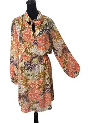 Ralph Lauren BOHO Retro Sheer Chiffon Dress Womens 4 Tie‎ Neck Smocked Indie thumbnail 1