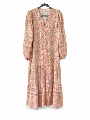 Women’s Boho Floral Maxi Dress Size M Pink Button Front Long Sleeve Rayon thumbnail 2
