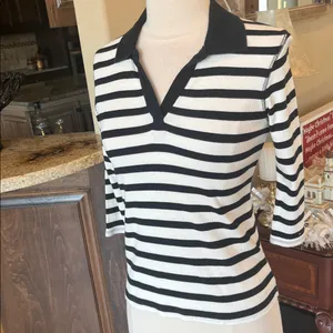 Tommy Hilfiger Black and White Striped Cotton Knit V Neck Collared 3/4 Sleeve thumbnail 4