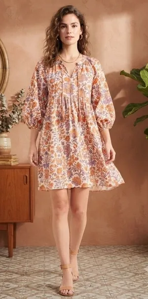 Universal Thread‎ Floral Puff Sleeve Mini Dress Cream Orange Purple XS NEW thumbnail 1