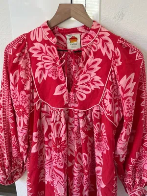 Farm Rio Linen Mini Dress Flora Tapestry Anthropologie Bracelet Long Sleeve Pink thumbnail 5