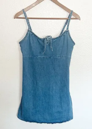 Hollister Chambray Tank Fitted Bodycon Tie Keyhole Front Pull On Mini Dress thumbnail 1