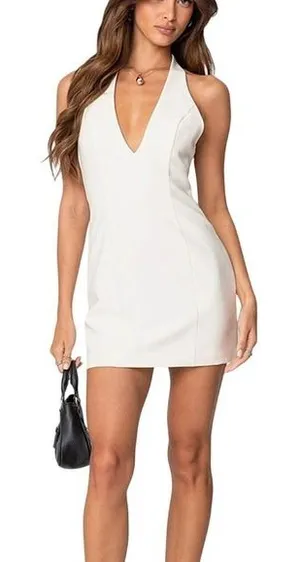 Edikted Claire Backless Halter Mini‎ Dress Cream NWT Bridal Bachelorette Party thumbnail 1