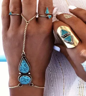 Boho chic silver and turquoise stone finger ring Size none thumbnail 1