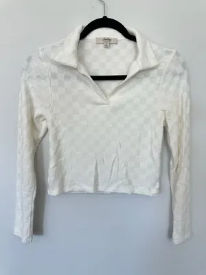 Atelier by Kirious White Textured Checker Long Sleeve Polo Top thumbnail 1