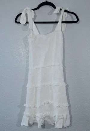 O.Vianca White Smocked Tie Shoulder Mini Dress Size Medium thumbnail 8