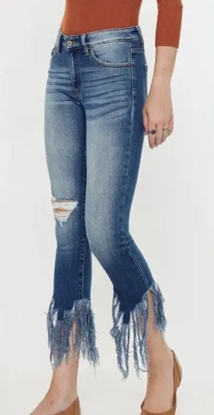 KanCan Leslie Fringe Hem Distressed Mid Rise Skinny Jeans thumbnail 1