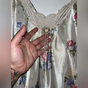 Vintage Floral Satin Slip Nightgown Lingerie Cottagecore pearl dangle midi dress thumbnail 6