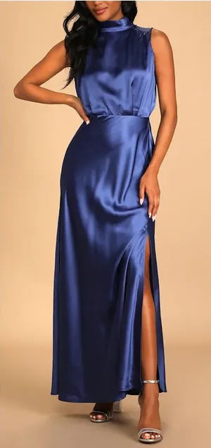 Lulus Classic Elegance Blue Satin Sleeveless Mock Neck Maxi Dress thumbnail 1