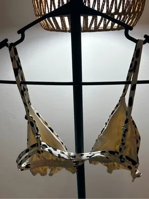 Leopard Print Ruffle swim top in Cream and Black thumbnail 5