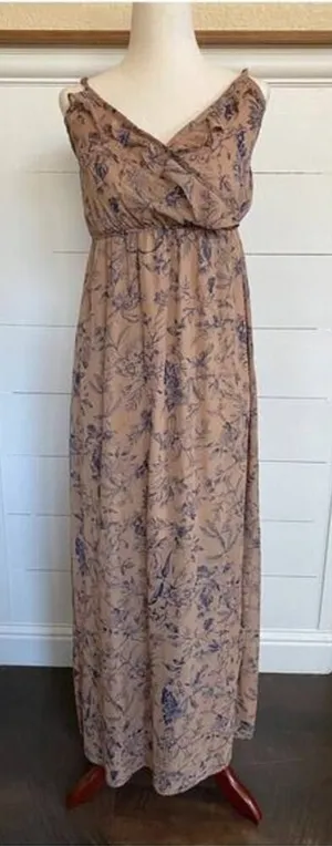 Nordstrom Soprano Brown Tan w/Navy Flowers Sheer Ruffled Flowy Dress XS NWT‎ thumbnail 1