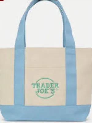 VIRAL: Trader Joe's Cream Tote with Light Blue Trim thumbnail 1