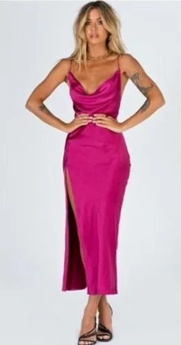 Lioness Satin Maxi Dress L Magenta Pink Cowl Neck Side Slit‎ Open Back Slip thumbnail 1