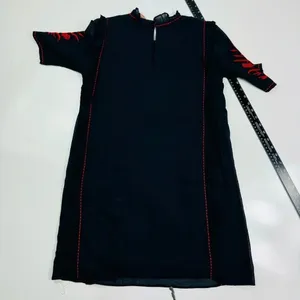 Zara Embroidered Dress Floral Ruffle Trim Black Red Short Sleeve Size‎ XS thumbnail 10