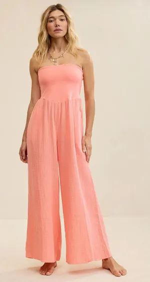 Aerie At The Barre Strapless Wide Leg Gauzy Jumpsuit Wild Peach Large Short NWT thumbnail 1