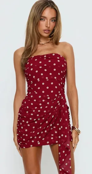 Princess Polly Karlena strapless red and white polka dot mesh dress with ruched detail thumbnail 1