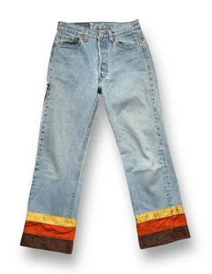 Vintage 90s Levi’s 501 Jeans Custom Brown Boho Stripe Hem USA Made Festival Wear thumbnail 1