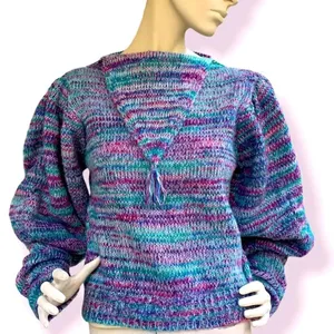 80’s Gitano balloon sleeve purple and teal marled knit sweater thumbnail 1